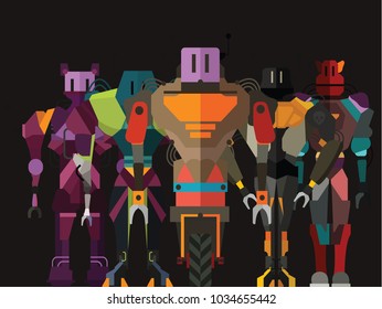 Isolated vector robots in a black background