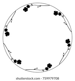 Isolated vector round floral frame. Wreath of buttercup flowers. Black silhouette on white background.