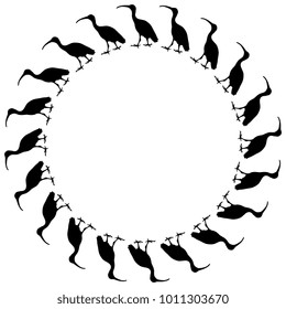 Isolated vector round frame with silhouettes of wading swamp birds.