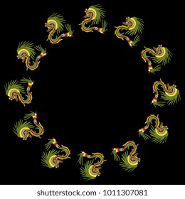 Isolated vector round frame with silhouettes of fantastic feathered serpent Quetzalcoatl. Based on ethnic mythological motif of native Mexican Aztec Indians. On black background.