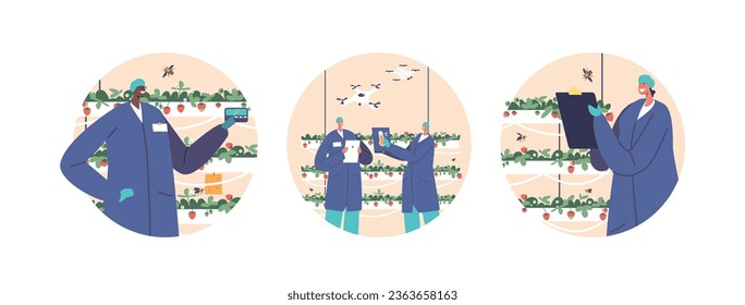 Isolated Vector Round Icons or Avatars with Workers Use Smart Automation for Strawberry Production Technology