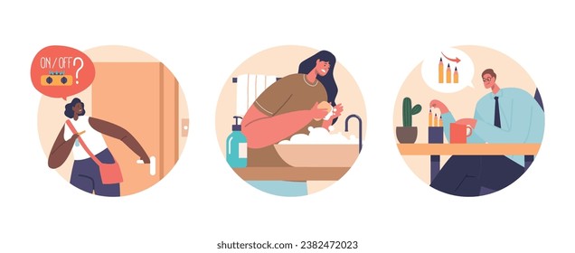 Isolated Vector Round Icons or Avatars of Characters Suffer of Obsessive-compulsive Disorder, People with Ocd