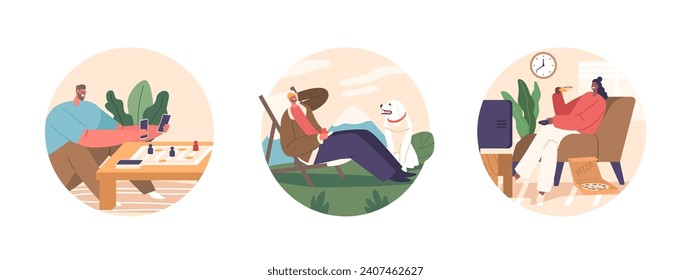 Isolated Vector Round Icons Or Avatars With Cartoon Characters Rest on Weekends. People Unwind And Rejuvenate