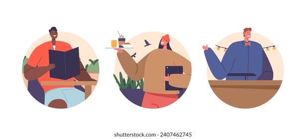 Isolated Vector Round Icons Or Avatars With Cartoon Male And Female Characters Visit Eco Farm Restaurant Or Bar