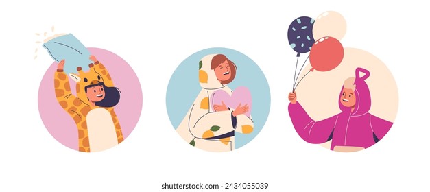 Isolated Vector Round Icons Or Avatars With Cartoon Kids Characters in Cute Sleepwear For Pajama Party Ready for Fun