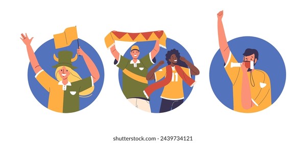 Isolated Vector Round Icons or Avatars with Cartoon Football Fan Characters Cheering, People Watching Soccer Match