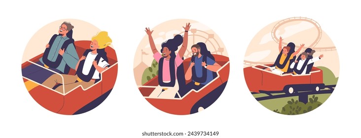 Isolated Vector Round Icons Avatars With Cartoon Characters On Roller Coaster Rides. People With Wide Eyes, Raised Arms