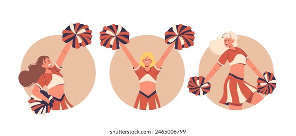 Isolated Vector Round Icons Or Avatars With Cartoon Cheerleader Girl Characters Display Enthusiasm And Team Spirit