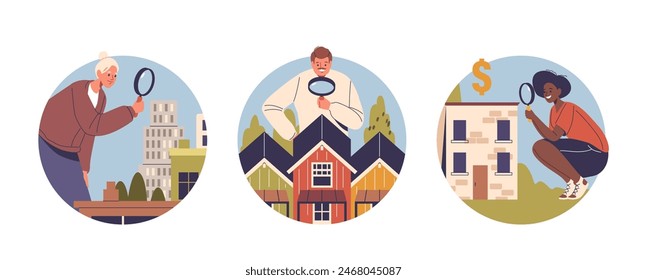 Vector Aislado Iconos Redondos O Avatares Con Personajes De Dibujos Animados Que Analizan El Mercado Inmobiliario Con Lupas