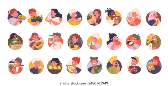 Vector Aislado Iconos Redondos O Avatares Con Personajes Infantiles Disfrutando De Comidas y bebidas Saludables Como Verduras