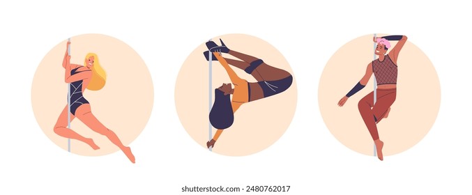 Isolated Vector Round Icons or Avatars With Cartoon Female Dancer Characters Performing Various Pole Dancing Moves