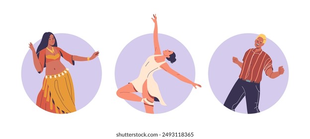 Isolated Vector Round Icons Or Avatars With Cartoon Dancer Characters Perform Belly Dance, Ballet And Contemporary Dance