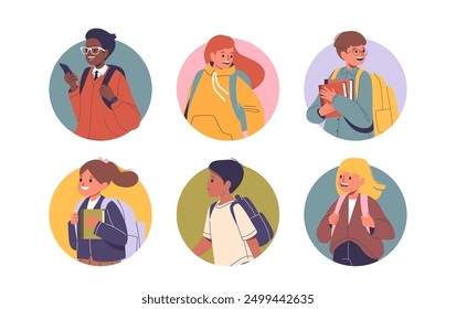 Isolated Vector Round Icons Or Avatars With Of Diverse Cartoon Schoolchildren And Students Characters Walking To School