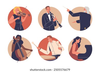 Isolated Vector Round Icons or Avatars with Cartoon Musician Characters Playing Instruments In Symphony Orchestra