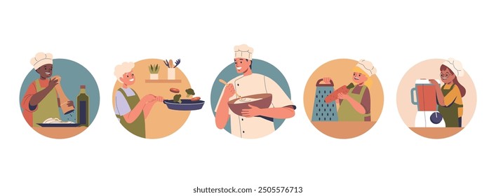 Iconos Redondos De Vector Aislados O Avatares Con Personajes De Niños De Dibujos Animados Divirtiéndose Aprendiendo A Cocinar Con Un Chef