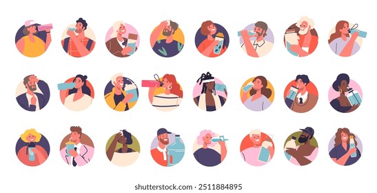 Isolated Vector Round Icons Or Avatars With Cartoon Characters Enjoying Refreshing Beverages. People Holding Drinks