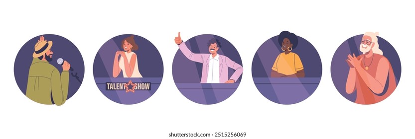 Isolated Vector Round Icons, Avatars With Cartoon Talent Show Performers And Judges Characters Showcasing Musical Talent