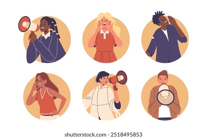 Isolated Vector Round Icons Or Avatars With Cartoon Characters Using Megaphones And Gestures To Communicate