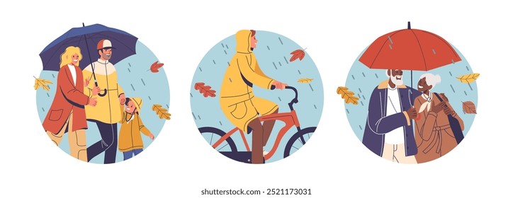 Ícones Ou Avatares Redondos De Vetor Isolados Com Caracteres De Desenho Animado Abraçando O Tempo Chuvoso Com Guarda-Chuvas E Rostos Sorridentes