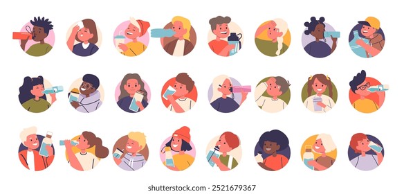 Iconos Redondos De Vector Aislados O Avatares Con Personajes Infantiles De Dibujos Animados Que Disfrutan De Bebidas Refrescantes. Retratos circulares