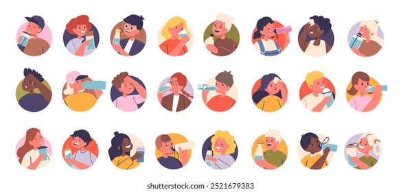 Isolated Vector Round Icons Or Avatars With Cartoon Children Characters Sipping Refreshing Drinks, Promoting Refreshment