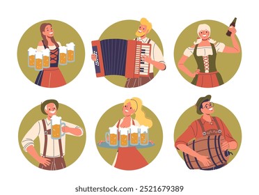 Iconos redondos de Vector aislados o avatares con personajes de dibujos animados en trajes tradicionales alemanes que celebran el Oktoberfest