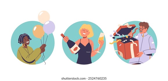 Iconos Redondos De Vector Aislados O Avatares Con Personajes De Dibujos Animados Que Capturan La Alegría De La Celebración. Una Persona Sostiene Globos