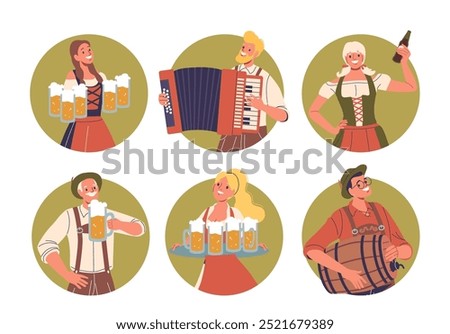 Isolated Vector Round Icons Or Avatars With Cartoon Characters in Traditional German Costumes Celebrating Oktoberfest