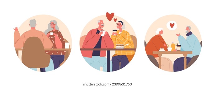 Isolated Vector Round Icons with Cartoon Elderly Couple Characters Sip Coffee In Cozy Cafe, Sharing Smiles Holding Hands