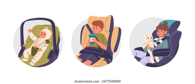 Isolated Vector Round Icons With Cartoon Children Characters Safely Secured In Car Seats. Happy Child Holding Drink