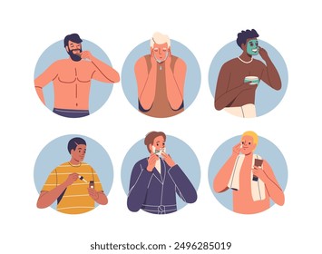 Isolated Vector Round Icons With Cartoon Men Characters Performing Facial Care Activities And Grooming Practices