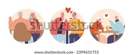 Isolated Vector Round Icons with Cartoon Elderly Couple Characters Sip Coffee In Cozy Cafe, Sharing Smiles Holding Hands