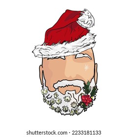 Isolated vector Santa Claus head with flowers in beard. Illustration with a bearded man in a Santa hat and flowers. Christmas typography with a pattern on a white background.