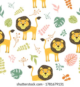 Isolated vector seamless pattern with lion and leafs, animals for kids. Illustration for textile and texture design