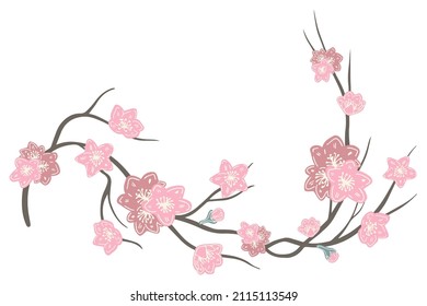 Conjunto vectorial aislado de rama colorida abstracta con flores sakura florecientes. El diseño es perfecto para pegatinas, logos, íconos, textiles, decoraciones, insignias