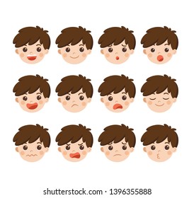 Isolated vector. Set of Adorable Boy facial emotions. Boy face with different expressions. Schoolboy portrait avatars. Variety of emotions teen guy.