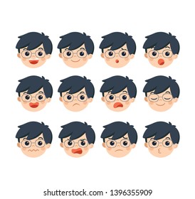 Isolated vector. Set of Adorable Boy facial emotions. Boy face with different expressions. Schoolboy portrait avatars. Variety of emotions teen guy.