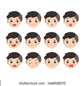 Isolated vector. Set of Adorable Boy facial emotions. Boy face with different expressions. Schoolboy portrait avatars. Variety of emotions teen guy.