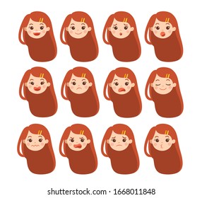  Isolated vector Set of Adorable Girl facial emotions. Girl face with different expressions. Schoolgirl portrait avatars. Variety of emotions teen guy.