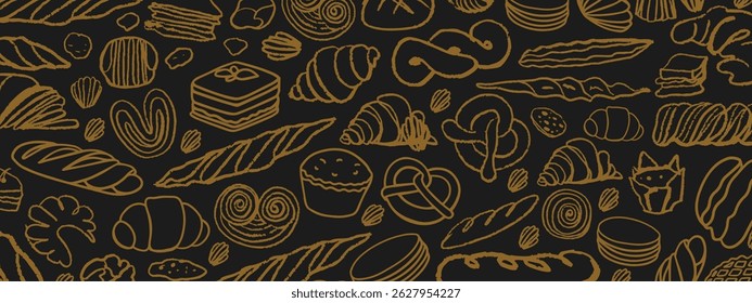 Vetor isolado de Padaria. Biscoitos desenhados à mão e gessados, barolas, tortas, bolos, doces, croissants.. Modelo vintage com esboço de doces. Panificação fresca. Loja. Modelo. 
