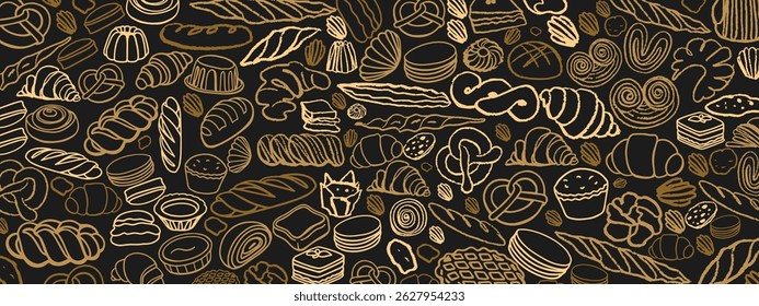 Vetor isolado de Padaria. Biscoitos desenhados à mão e gessados, barolas, tortas, bolos, doces, croissants.. Modelo vintage com esboço de doces. Panificação fresca. Loja. Modelo. 