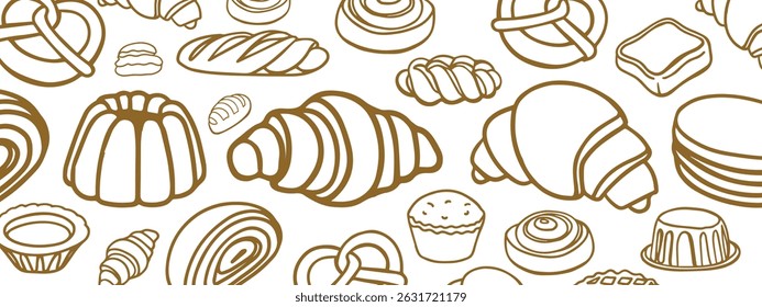 Vetor isolado de Padaria. Biscoitos desenhados à mão e gessados, barolas, tortas, bolos, doces, croissants.. Modelo vintage com esboço de doces. Panificação fresca. Loja. Modelo.