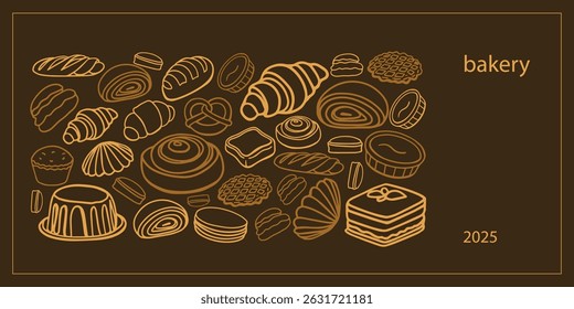 Vetor isolado de Padaria. Biscoitos desenhados à mão e gessados, barolas, tortas, bolos, doces, croissants.. Modelo vintage com esboço de doces. Panificação fresca. Loja. Modelo.