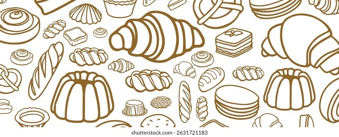 Vetor isolado de Padaria. Biscoitos desenhados à mão e gessados, barolas, tortas, bolos, doces, croissants.. Modelo vintage com esboço de doces. Panificação fresca. Loja. Modelo.