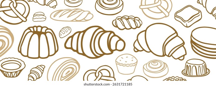 Vetor isolado de Padaria. Biscoitos desenhados à mão e gessados, barolas, tortas, bolos, doces, croissants.. Modelo vintage com esboço de doces. Panificação fresca. Loja. Modelo.