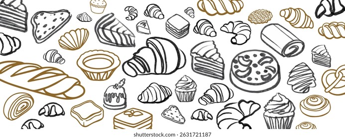 Vetor isolado de Padaria. Biscoitos desenhados à mão e gessados, barolas, tortas, bolos, doces, croissants.. Modelo vintage com esboço de doces. Panificação fresca. Loja. Modelo.