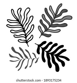 Isolated vector set of black and white grass blades leaves lined and silhouette. The design is perfectly suitable for clothes design, children decoration, stickers, stationary, tattoos.