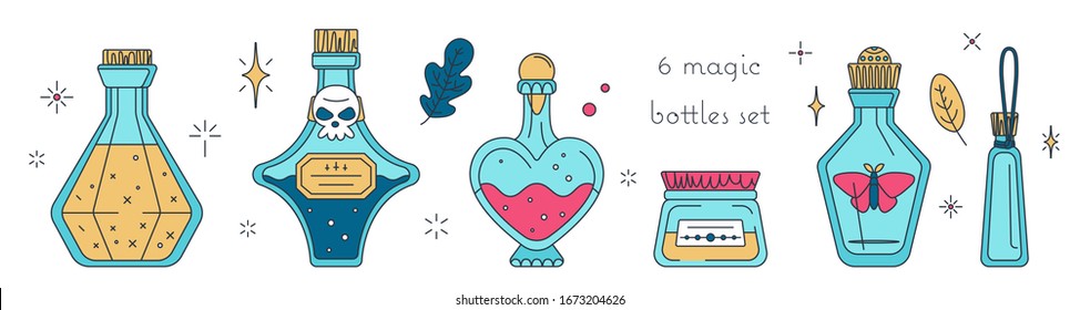 Isolated vector set of bottles with potions. Magic tinctures in variety glass flasks and jars collection. Workshop of witch in modern flat style. Bright blue, pink and gold palette