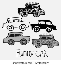 Conjunto vectorial aislado de un coche, alineado, silueta y gris sobre fondo blanco