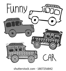 Isolated vector set of a car, lined, silhouette and grey on white background